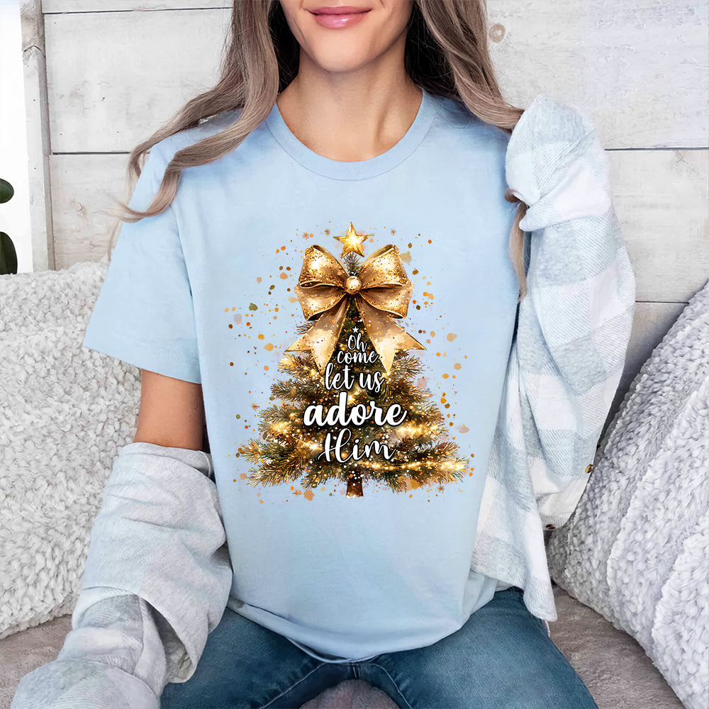 Teesdily | Oh Come Let Us Adore Him Shirt, Nativity Scene Christmas Sweatshirt Hoodie Mug, Jesus Nativity Shirt, Religious Gift