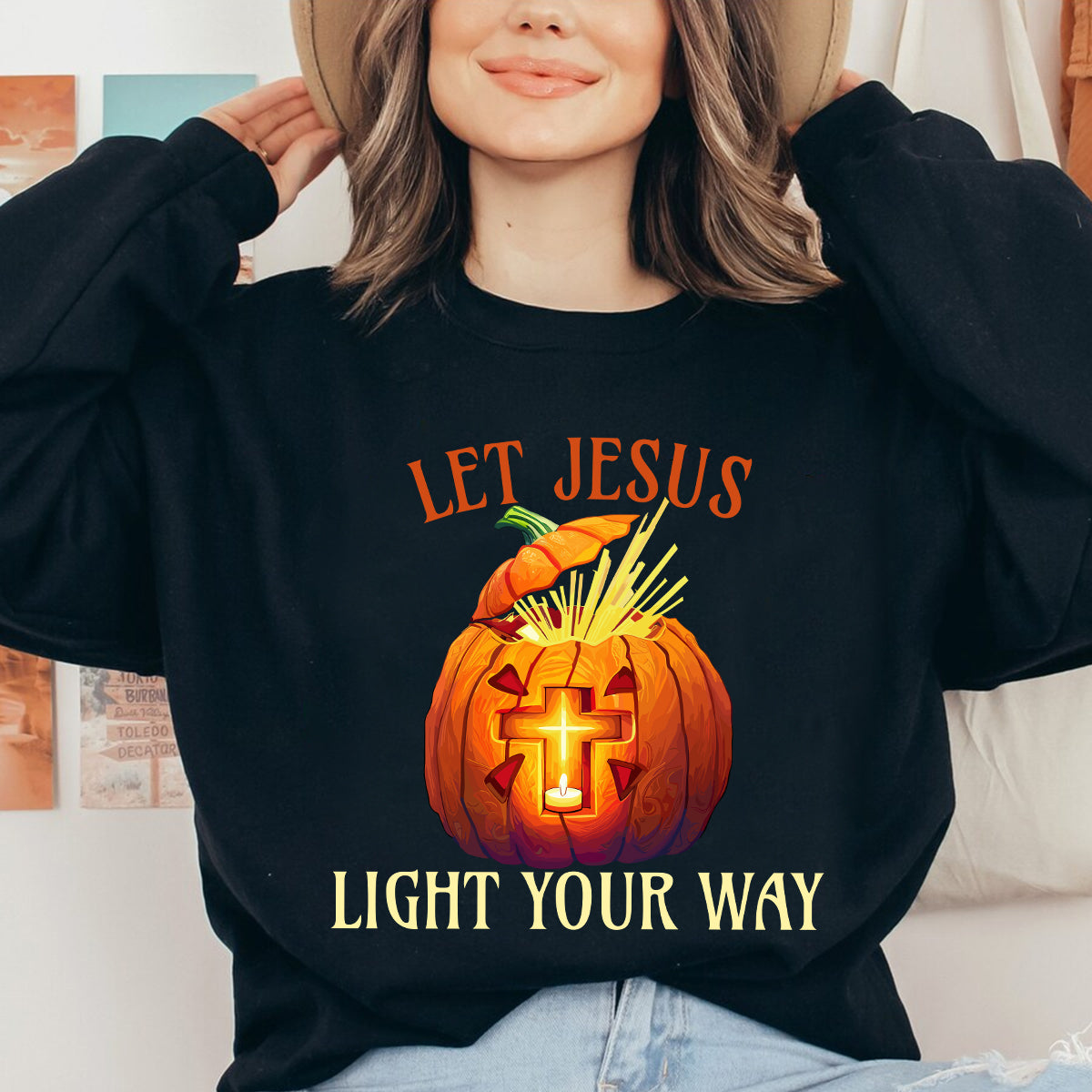 Teesdily | Jesus Pumpkin Cross Shirt, Let Jesus Light Your Way T-shirt, Jesus Light Pumpkin Sweatshirt Hoodie Mug, Happy Halloween Christian Gift