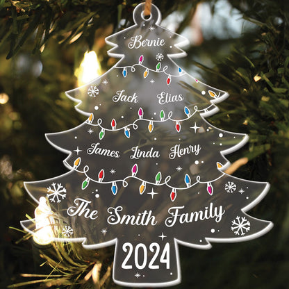 Teesdily | Personalized Christmas Tree Family Acrylic Ornament, Xmas Tree With Family Names And Led Lights Plastic Ornament, Christmas Decoration