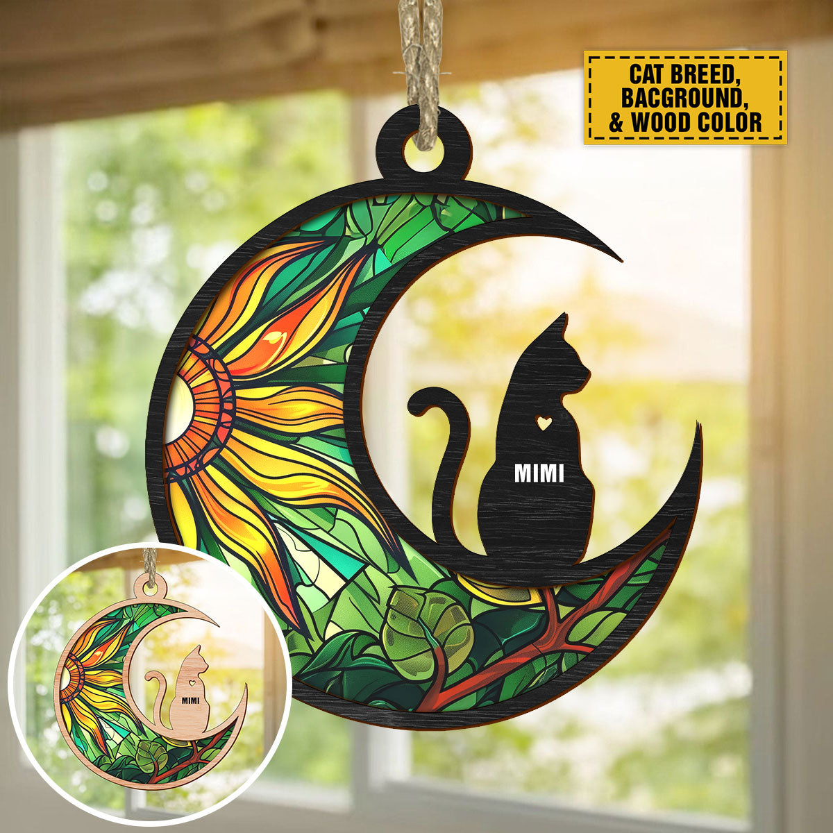 Teesdily | Personalized Cat On Moon Suncatcher Window Hangings, Keep Memories Custom Cat And Name Ornament, Gifts For Cat Lovers