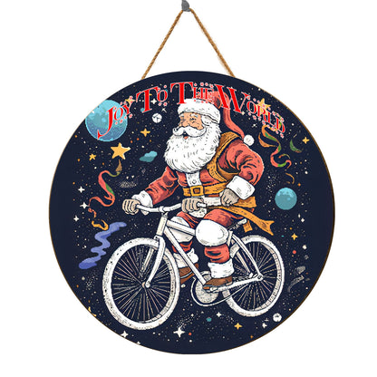 Teesdily | Customized Santa Claus Cycling Wood Sign Joy To The World Christmas Front Door Sign Funny Custom Face Wood Sign Xmas Decor