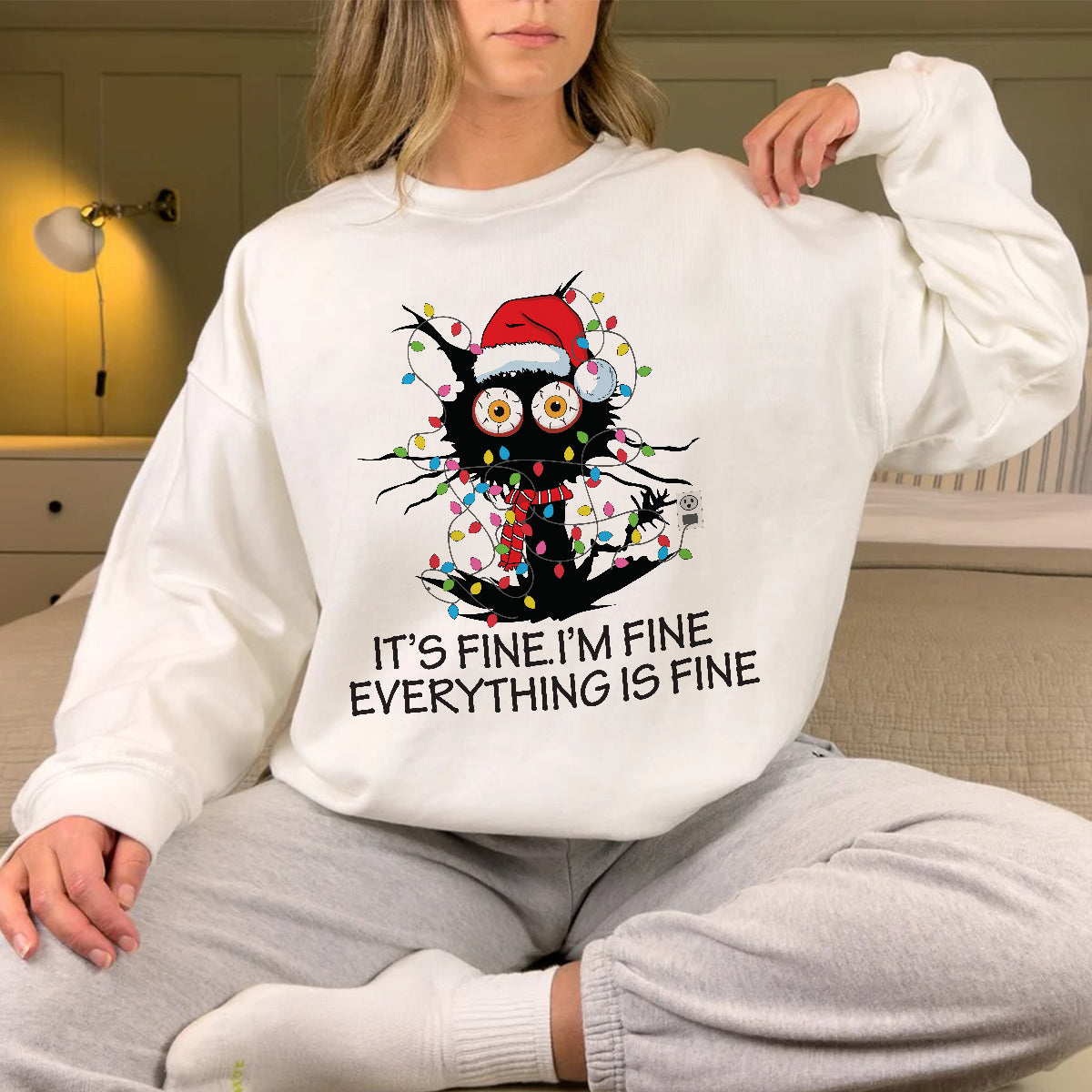 Teesdily | I'm Fine Everything Is Fine Sweatshirt, Christmas Black Cat Santa Shirt, Christmas Light Hoodie Mug, Cat Mom Lover Gift