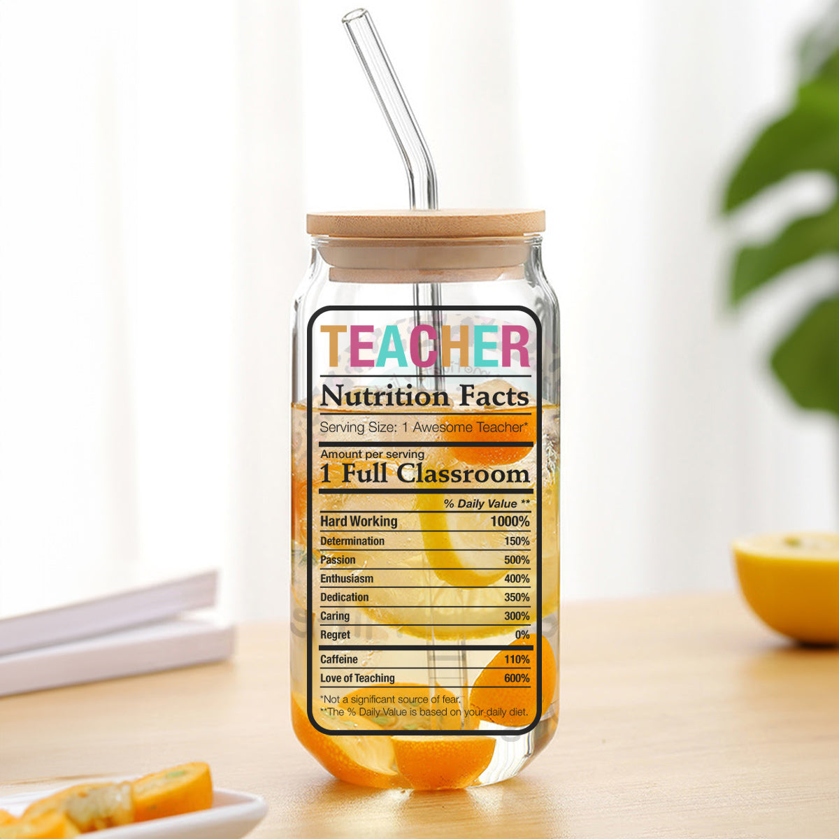 Teesdily | Teacher Life Rainbow Personalized Glass Can, Teacher Nutrition Facts Frosted Glass Can, Teacher Appreciation Glass Can With Straw Gifts