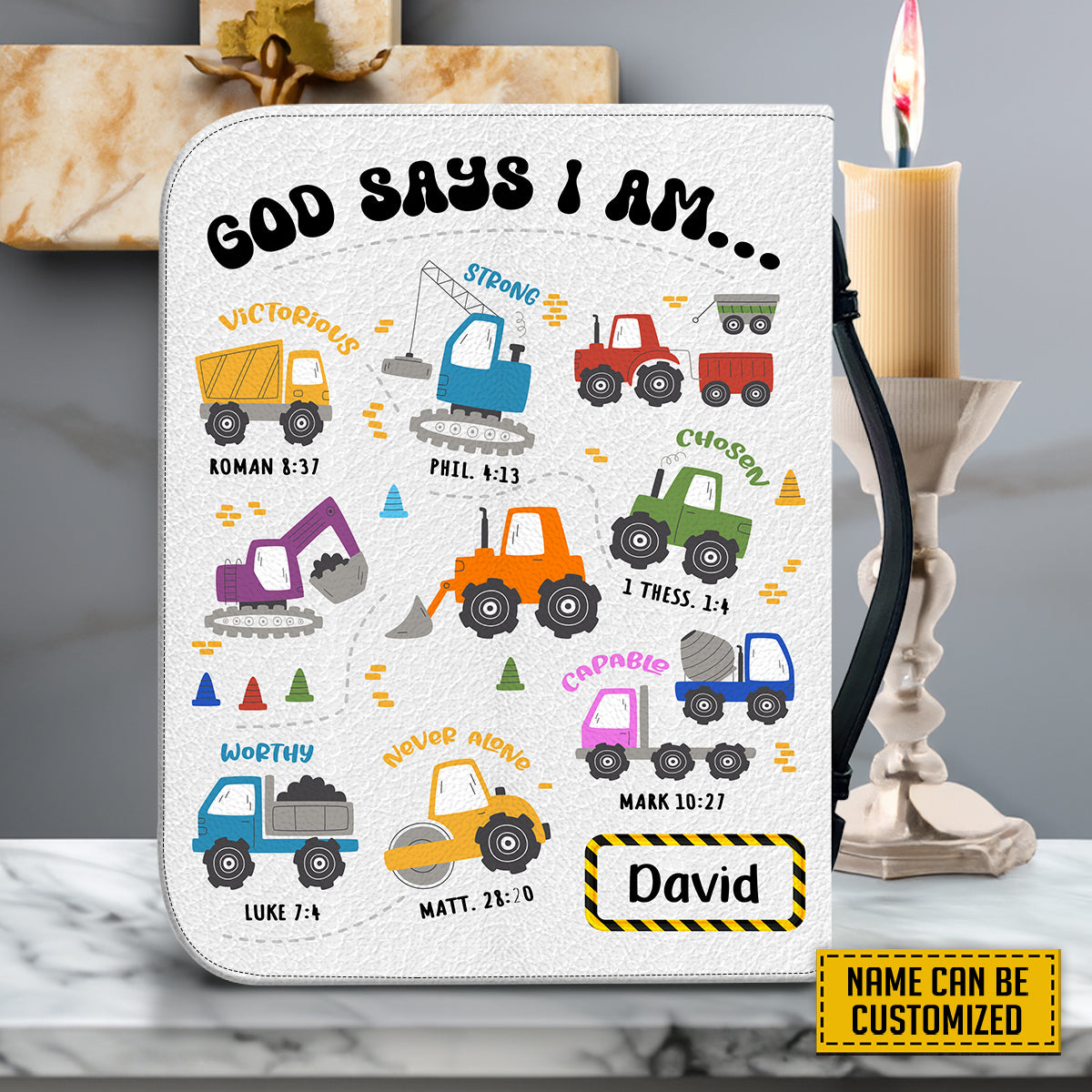 Teesdily | Truck Car Customized Leather Bible Cover, God Says I Am Bible Cover For Boys, God Bible Verse Bible Holder, Christian Gifts For Kids