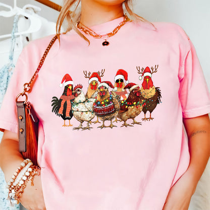 Teesdily | Christmas Chickens Shirt, Farming Chicken Christmas Sweatshirt, Funny Christmas Farm Hoodie Mug, Chicken Lovers Gift