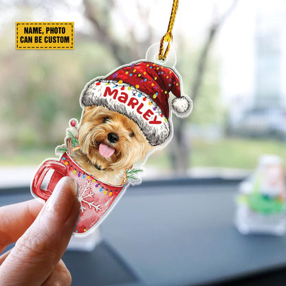 Teesdily | Customized Dog On The Cup Christmas Ornament, Cat Ornament Christmas, Dog Mom, Dog Lover Gift, Christmas Decoration