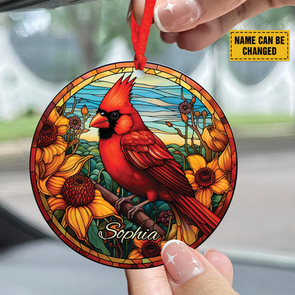 Teesdily | Personalized Cardinal Ceramic Ornament Car Hanging, Christmas Ornament Stained Glass Red Bird Acrylic Ornament, Xmas Gift Family Member