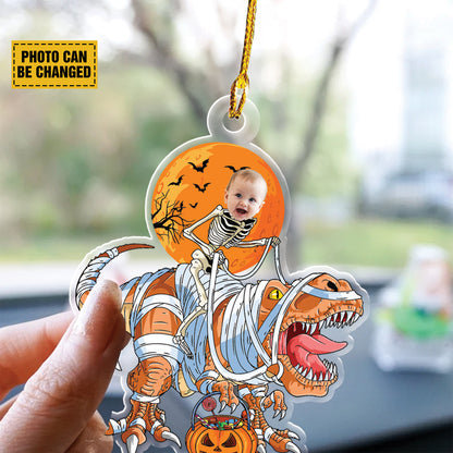 Teesdily | Customized Dinosaur Skeleton Ornament Halloween, Happy Halloween Party Rex Pumpkin Car Hanging Ornament, Trick Or Treat, Halloween Gift