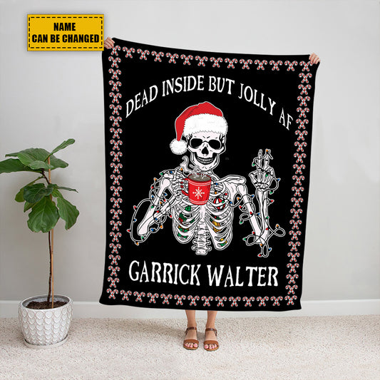 Teesdily | Personalized Christmas Skeleton Funny Blanket Dead Inside But Jolly Af Xmas Theme Bed Sofa Blanket Gothic Style Christmas Gifts