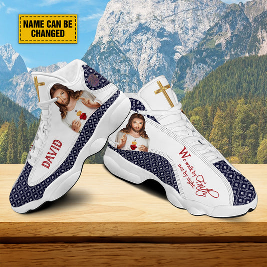 Teesdily | Customized Jesus Art Basketball Shoes, We Walk By Faith Not By Sight Running Shoes, Unisex Shoes With Thick Sole