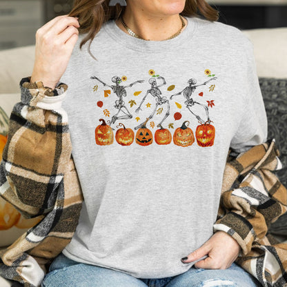 Teesdily | Halloween Dancing Skeleton Shirt, Skeleton Dancing Pumpkin Sweatshirt Hoodie Mug, Spooky Season Tee, Holiday Party Shirt, Halloween Gift