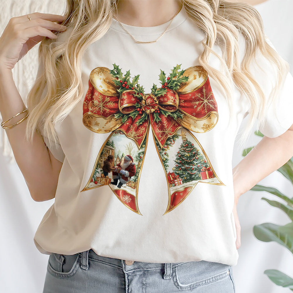 Teesdily | Coquette Bow Christmas Shirt, Merry Christmas Red Coquette Sweatshirt, Santa Claus And Children Hoodie Mug Xmas Gift