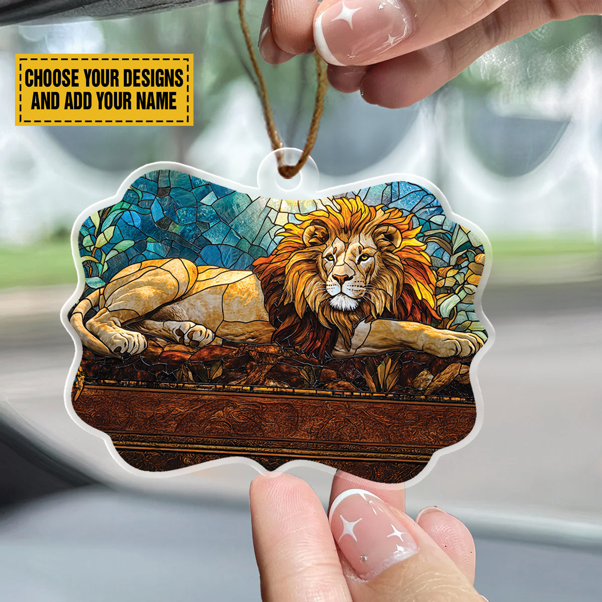 Teesdily | Personalized  Jesus Lion Of Judah Stained Glass Art Acrylic Ornament, Jesus Lion Car Hanging Ornament, Jesus Lovers Gift, Christmas Jesus Ornament