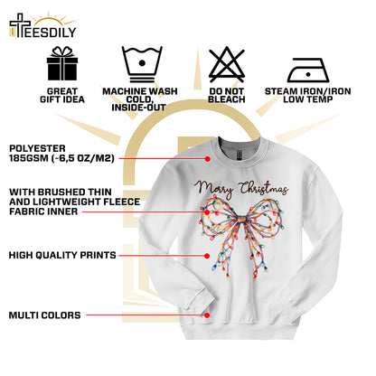 Teesdily | Merry Christmas Bow Light Shirt, Christmas Coquette Bow Sweatshirt, Merry And Bright Lights Bow Hoodie Mug For Women