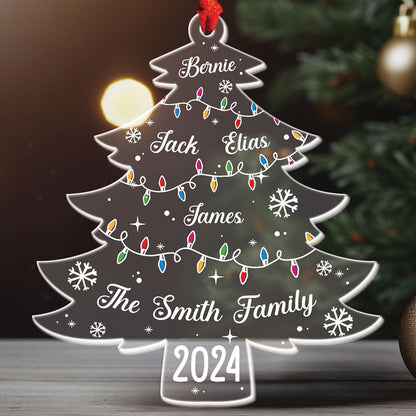 Teesdily | Personalized Christmas Tree Family Acrylic Ornament, Xmas Tree With Family Names And Led Lights Plastic Ornament, Christmas Decoration