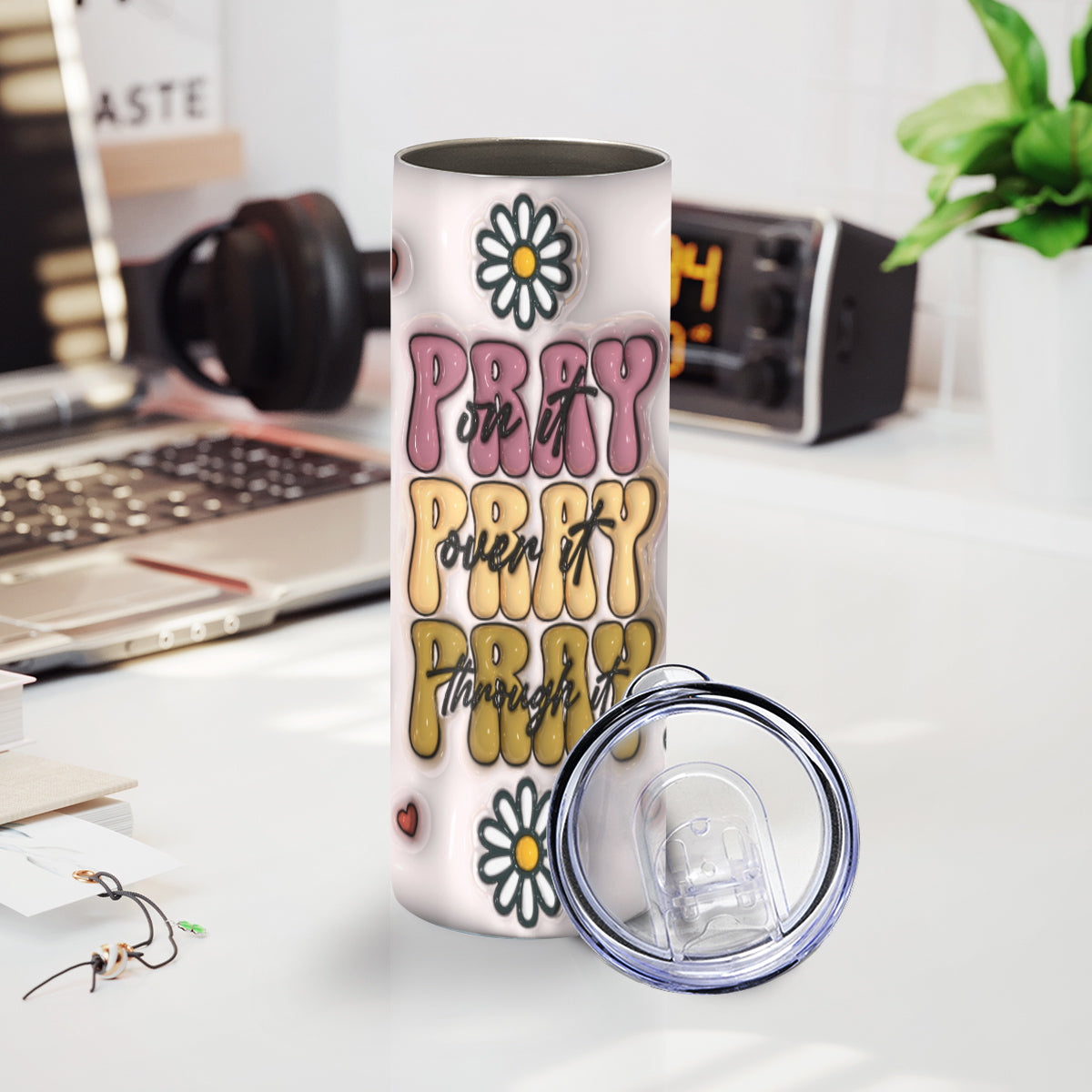 Teesdily | God Bible Verse Inflated 20oz Skinny Tumbler, Pray On It Over It Through It Bible Verse, Inspiration Christian Gifts For Girl Women Faith