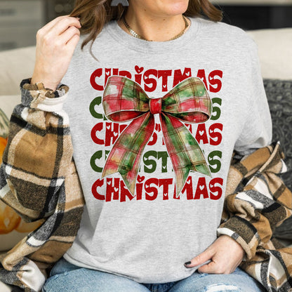 Teesdily | Christmas Coquette Bow Shirt, Coquette Christmas Sweatshirt, Christmas Bow Sweater, Holiday Hoodie, Retro Christmas Gift