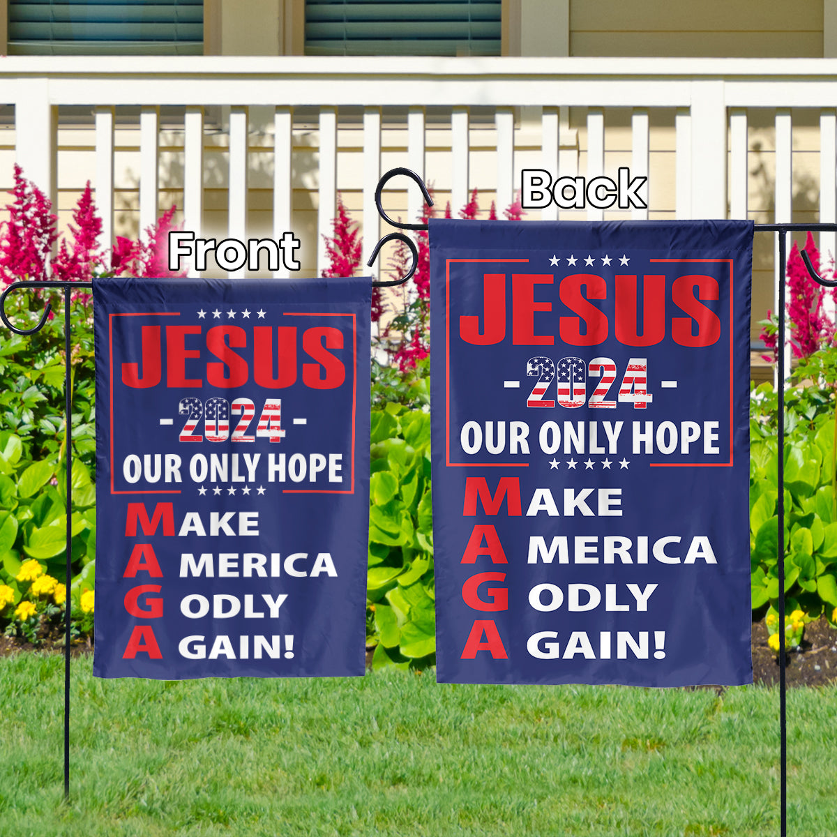 Teesdily | American Flag Jesus Christ House Flag, Jesus 2024 Our Only Hope Make America Godly Again Garden Flag, Patriotic Flag, Outdoor Decor Gifts