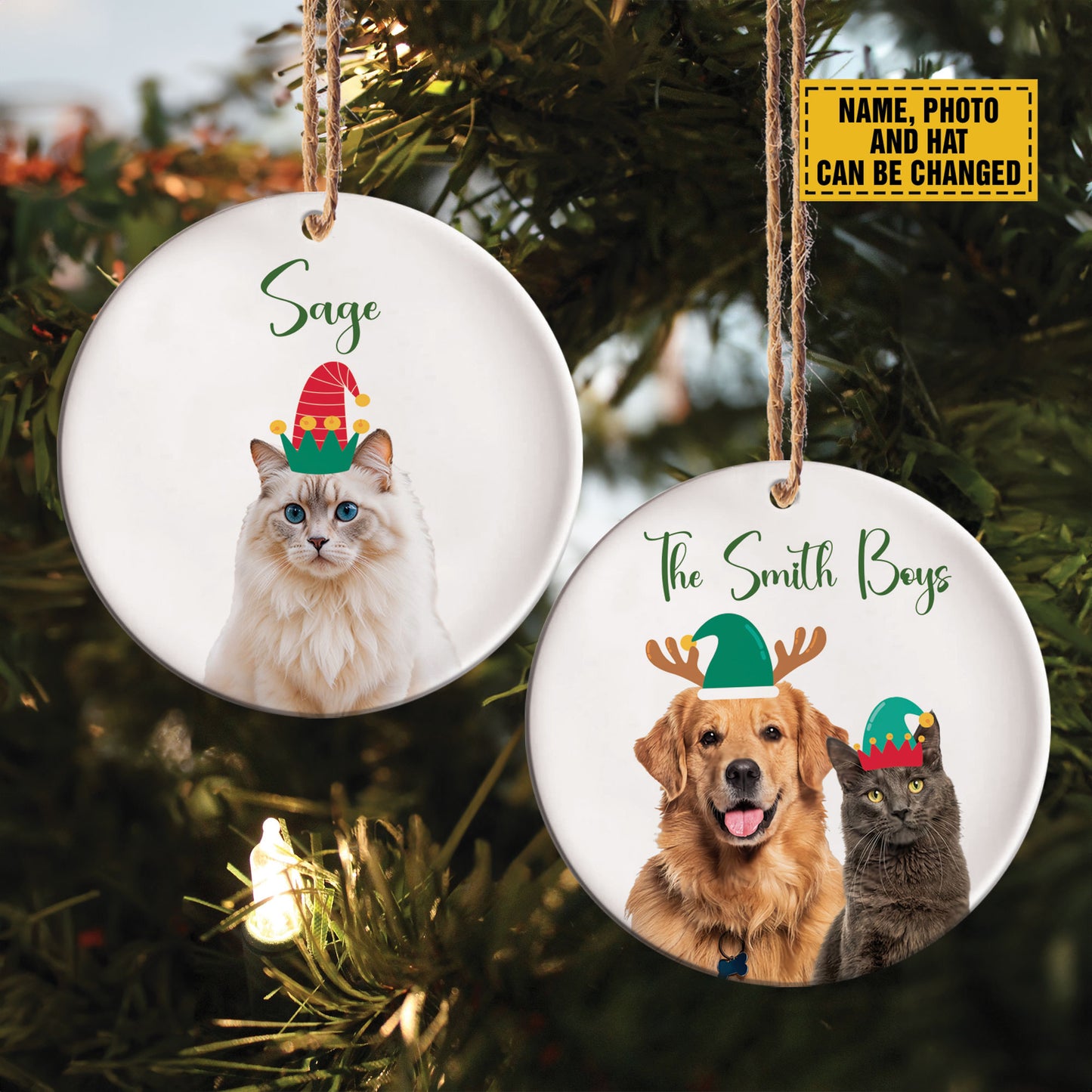 Teesdily | Personalized Pet And Santa's Hat Ornament, Keep Memories Pet Portrait Ornament, Dog Lovers Gift, Cat Christmas Ornament