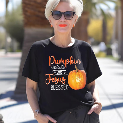 Teesdily | Jesus Pumpkin Shirt, Pumpkin Obsessed And Jesus Blessed Autumn Tee Sweatshirt Hoodie Mug, Christian Apparel, Pumpkin Jesus Lovers Gifts