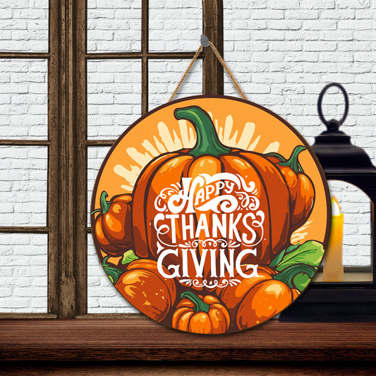 Teesdily | Happy Thanksgiving Day Autumn Pumpkin Wood Sign Autumn Fall Season Home Decoration Gift For Family Members Porch Decor