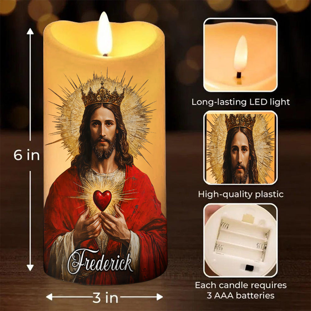 Teesdily | Custom Sacred Heart Of Jesus LED Candle No Battery, Jesus Prayer Cross Flower Candle, Religious Christmas Light Gift