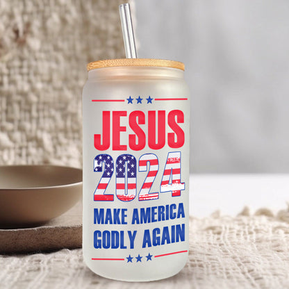 Teesdily | Jesus American Flag Glass Can, Jesus 2024 Make America Godly Again Coffee Cup, God Lovers Gifts, Frosted / Clear Glass Can With Straw