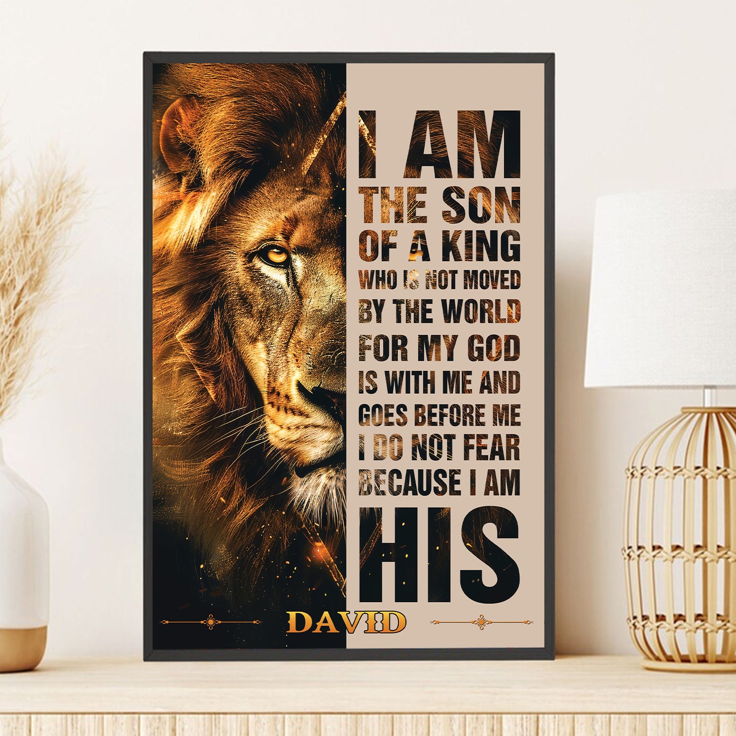 Teesdily | Customized Jesus Lion Of Judah, I Do Not Fear Because I Am His Poster, Son Of A King Art Painting, Christian Poster Canvas, Home Decor