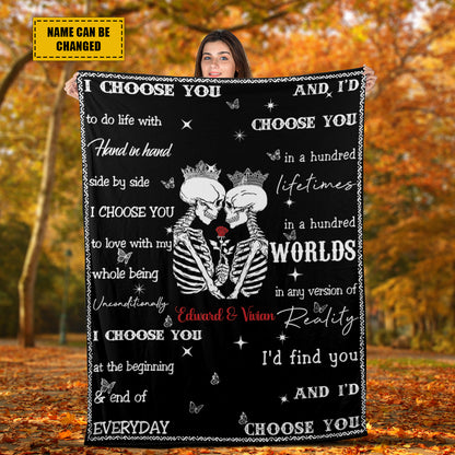 Teesdily | Customized Couple Halloween Goth Skull Throw Blanket Personalized Spooky Skeleton Together Forever Fleece Blanket Gothic Style Gifts