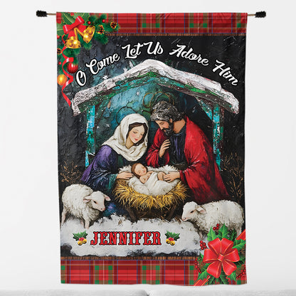 Teesdily | Customized Jesus Nativity Christmas Garden Flag, O Come Let Us Adore Him House Flag, Jesus Birth Gift, Xmas Gift