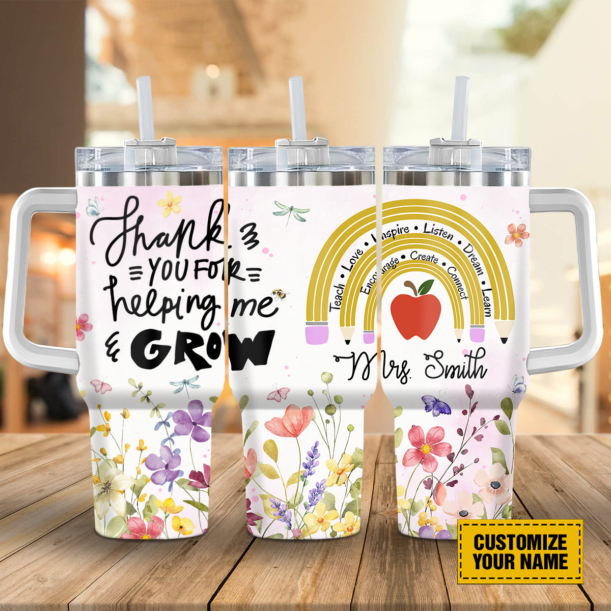 Teesdily | Teacher Rainbow Customized 40oz Tumbler, Thank You For Helping Me Grow Insulated Tumbler, Teacher Floral Water Tumbler, Teacher Custom Gift