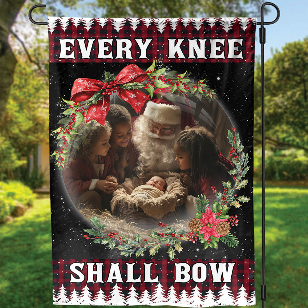 Teesdily | Santa Claus Kneeling With Baby Jesus Christmas Garden Flag, Every Knee Shall Bow House Flag, Christmas Yard Decor