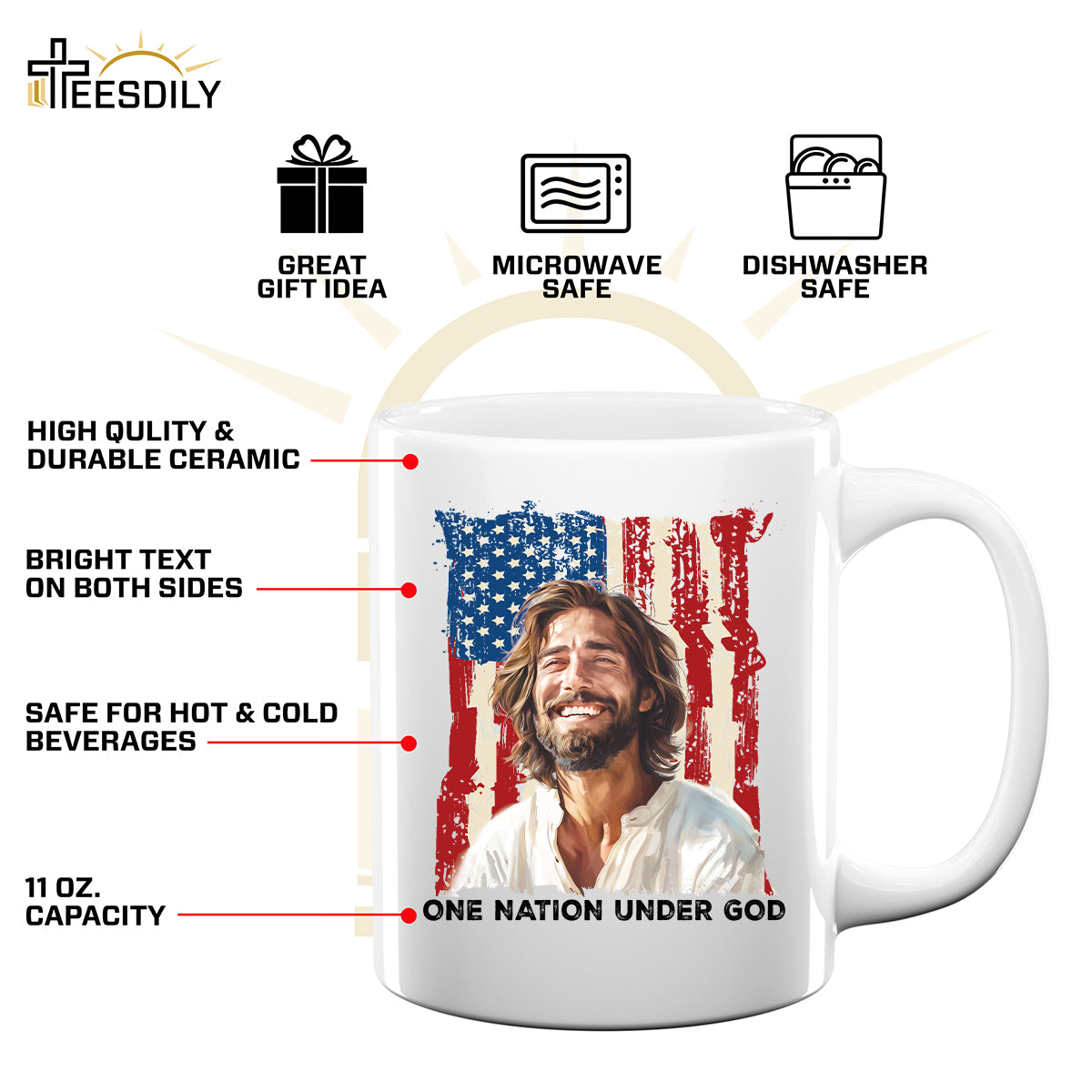 Teesdily | Jesus American Flag Shirt, One Nation Under God Sweatshirt, Christ God Hoodie, Jesus Mug Cup, Happy Independence Day, Gift For Jesus Lover