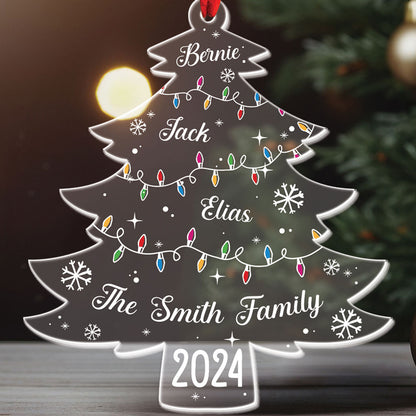 Teesdily | Personalized Christmas Tree Family Acrylic Ornament, Xmas Tree With Family Names And Led Lights Plastic Ornament, Christmas Decoration