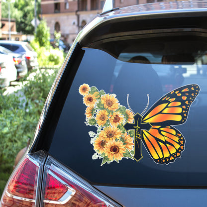 Teesdily | God Faith Butterfly Car Decal Sticker, Sunflower Faith Car Window Decal, Christian Car Decor, Jesus God Car Vinyl Decal