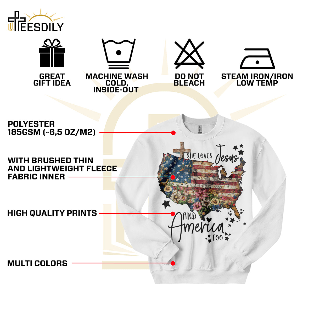 Teesdily | Jesus American Flag Flower Cross Shirt, She Loves Jesus And America Too Sweatshirt, US Pride Patriot Hoodie, Independence Day Gifts