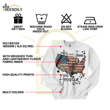 Teesdily | Jesus American Flag Flower Cross Shirt, She Loves Jesus And America Too Sweatshirt, US Pride Patriot Hoodie, Independence Day Gifts