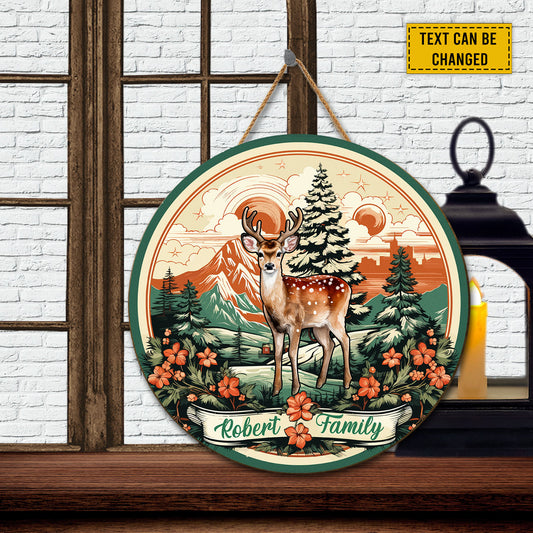 Teesdily | Customizedname Merry Christmas Deer Mountain Landscape Retro Wood Sign Christmas Decor Deer's Lovers Gift Porch Decor