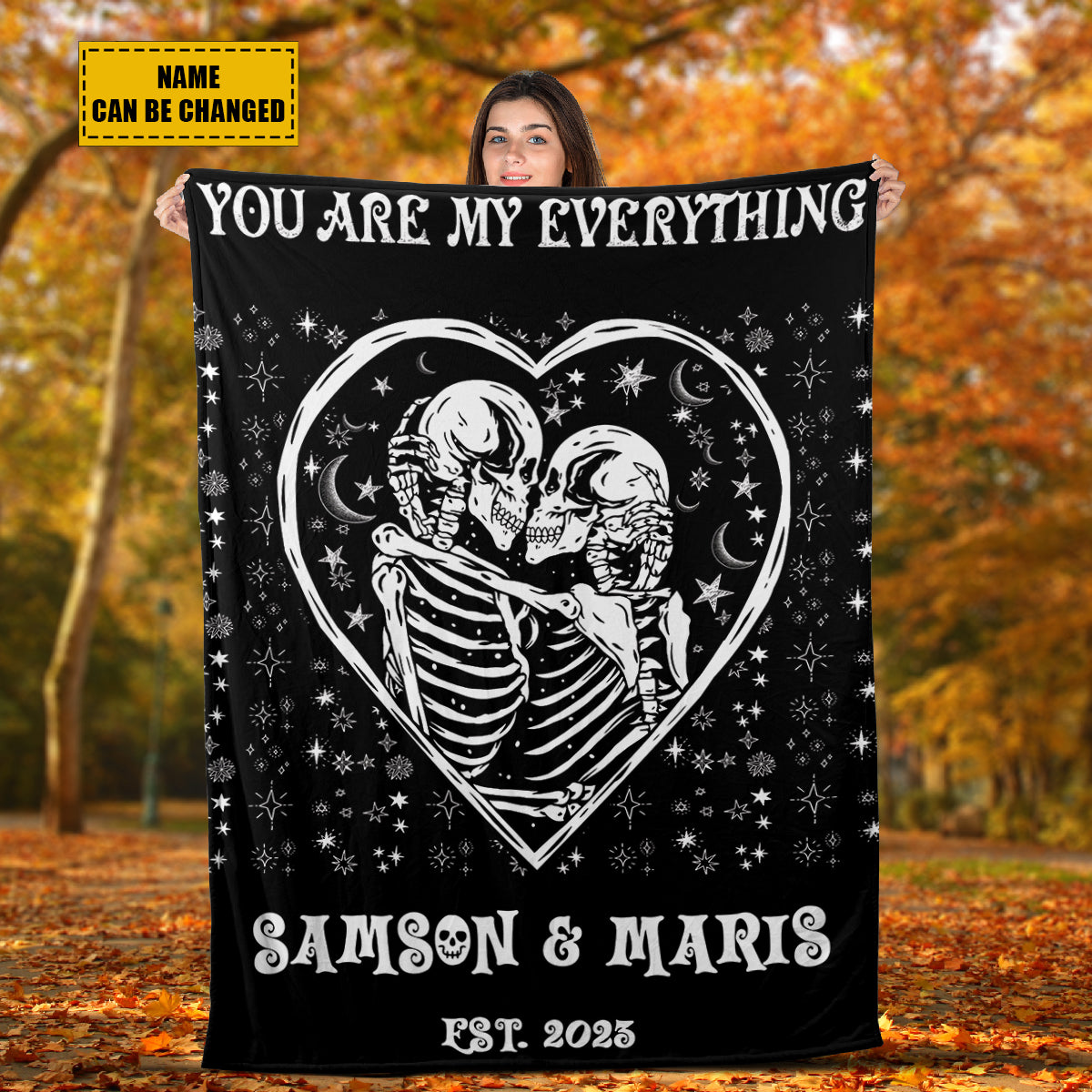 Teesdily | Personalized Skeleton Blanket Halloween Goth Wedding Fleece Blanket Funny Skeleton Couple Love Anniversary Sofa Blanket Custom Gifts