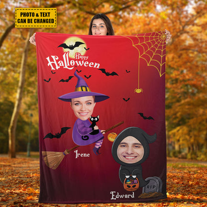 Teesdily | Halloween Custom Face Blanket Funny Witch Personalized Photo Blankets Throw With Picture Halloween Gift For Family And Friends