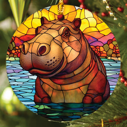 Teesdily | Stained Glass Art Hippo Ceramic Ornament, Hippopotamus Christmas Ornament, Xmas Gift Ornament, Cute Baby Hippo Gift