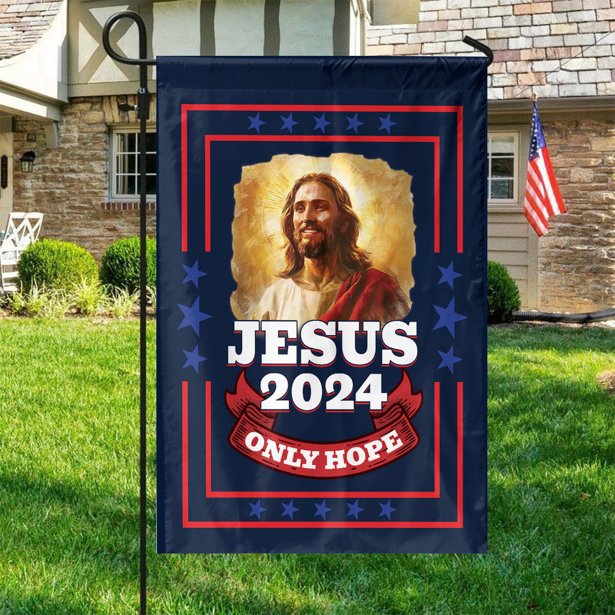 Teesdily | Jesus 2024 Only Hope Garden Flag, Christian American Flag Home, Christ Patriotic Yard Banner House Flag, Outdoor Decor Religious Gift