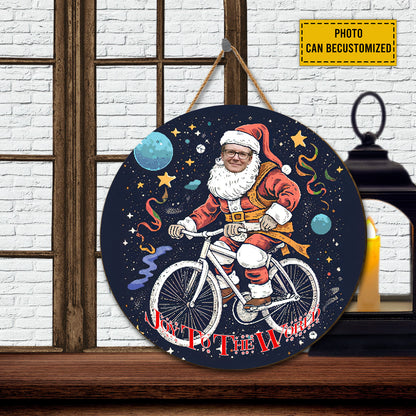 Teesdily | Customized Photo Santa Claus Cycling Wood Sign Joy To The World Christmas Front Door Sign Funny Custom Face Wood Sign Xmas Decor