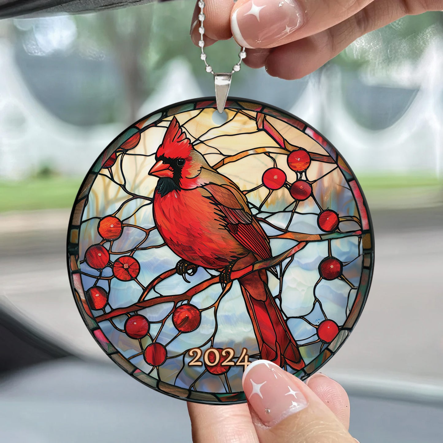 Teesdily | Christmas Cardinal Rearview Mirror Charms, Red Bird Stained Glass Print Rear View Mirror Hanging, Christmas Tree Decoration, Xmas Gifts