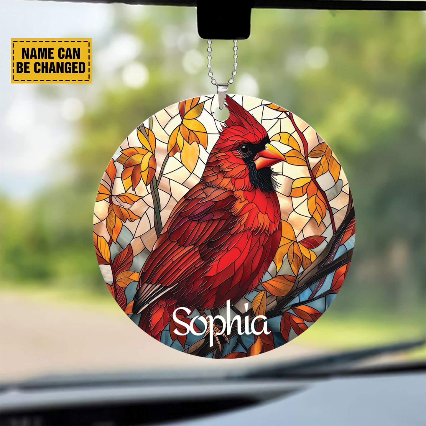 Teesdily | Customized Cardinal Ornament, Christmas Ornament Stained Glass Red Bird Car Hanging, Red Cardinals Ornament, Christmas Custom Gift