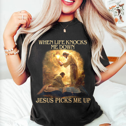 Teesdily | Jesus Saves Life Holy Bible Shirt, When Life Knocks Me Down Jesus Picks Me Up Sweatshirt Hoodie Mug, Jesus Lovers Gifts, Christian Shirt