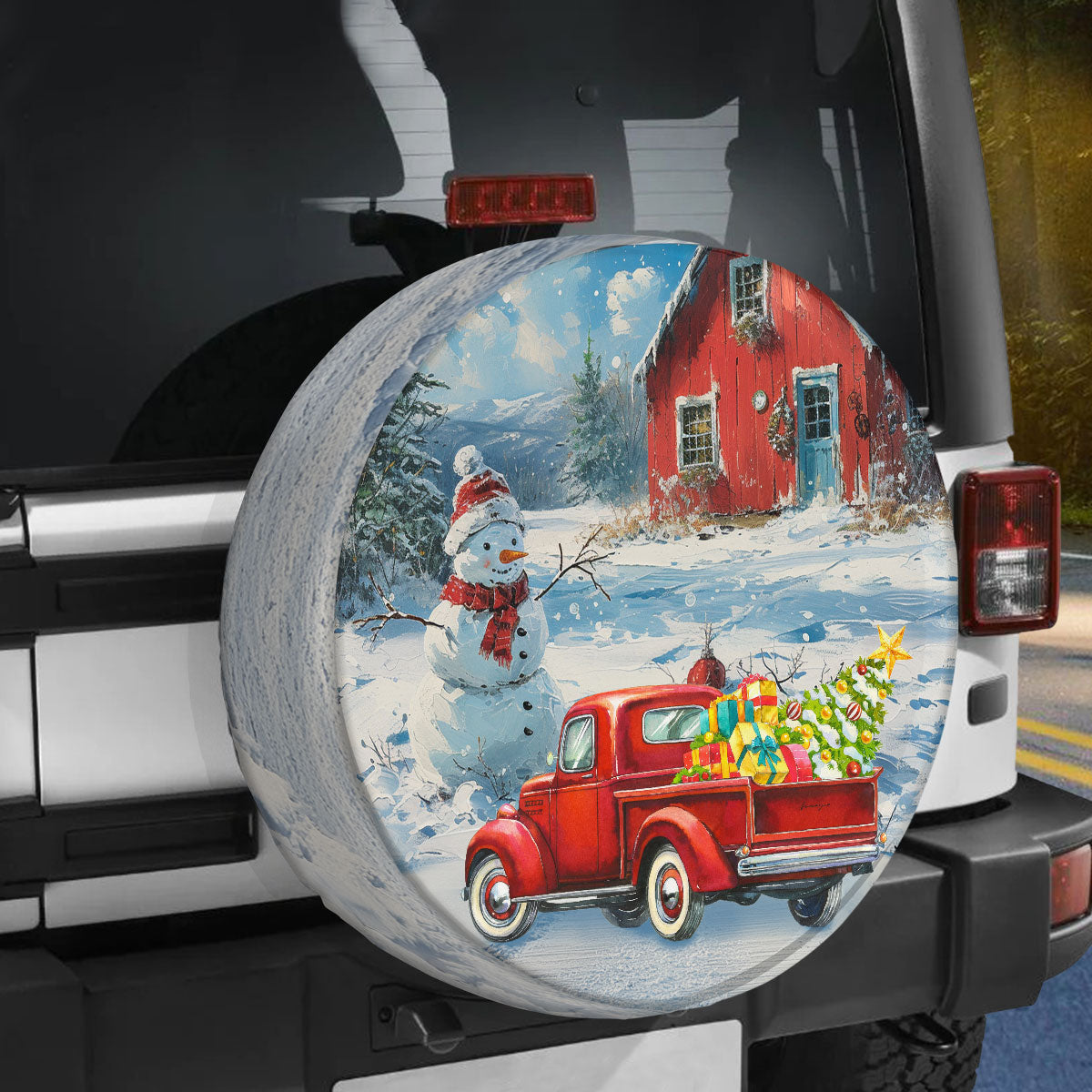 Teesdily | Vintage Red Truck Car Spare Tire Cover, Farmhouse Snowman Tire Protector, Christmas Tree Lights Wheel Cover, Car Accessories, Xmas Gift