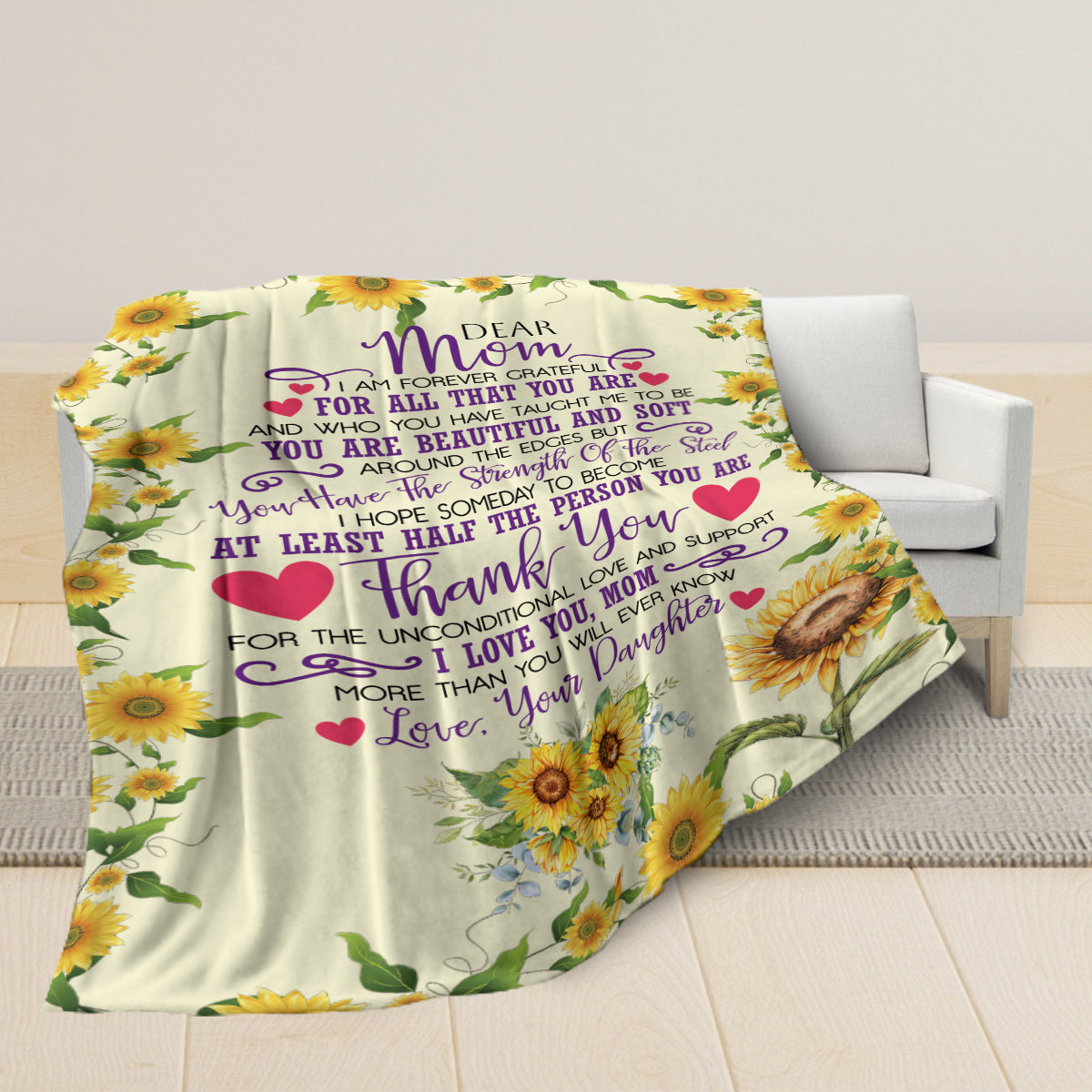 Teesdily | Happy Mother's Day Bed Blanket, Dear Mom Throw Blanket, Sunflower Letter From Daughter Comfort Blanket Mom Gift