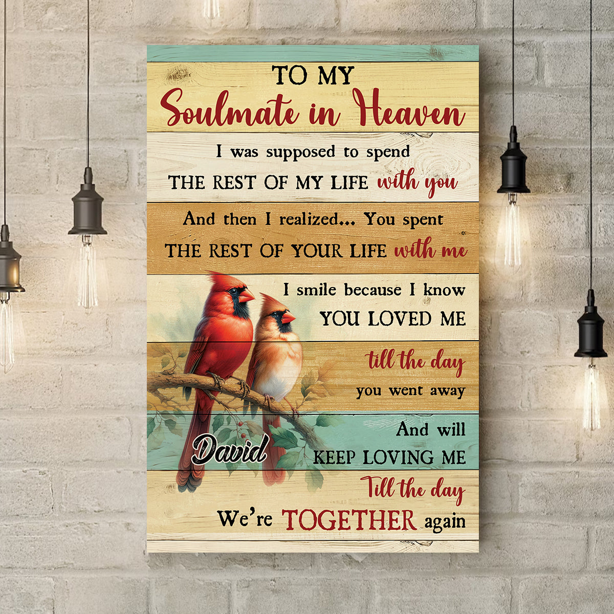 Teesdily | Customized Cardinal Bird Memorial Poster, To My Soulmate In Heaven Poster Canvas, Memorial Anniversary Gifts Memorial Remembrance Gifts