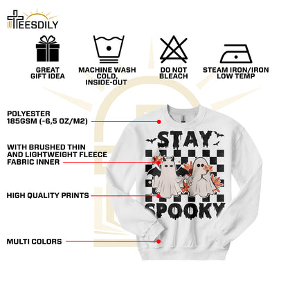 Teesdily | Cute Ghost Halloween Shirt, Stay Spooky Happy Halloween Tee Sweatshirt Hoodie Mug, Halloween Gifts, Spooky Retro Ghost Tee